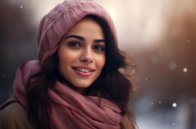 Photo young woman with a scarf in a winter scene