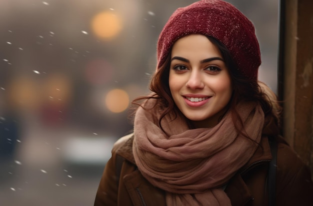 겨울 장면에서 스카프를 두른 젊은 여자