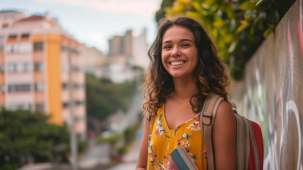 Photo young woman with school backpack holding notebook street with buildings trees and blurred background