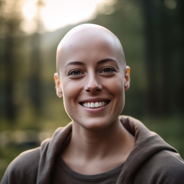 Young woman with shaved head Image generated by AI