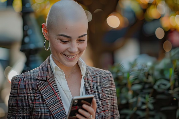 Young woman with shaven head smiling while looking at mobile phone outdoors Generative AI