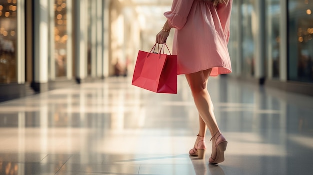 Молодая женщина с сумками для покупок гуляет по торговому центру в Черную пятницу за покупками