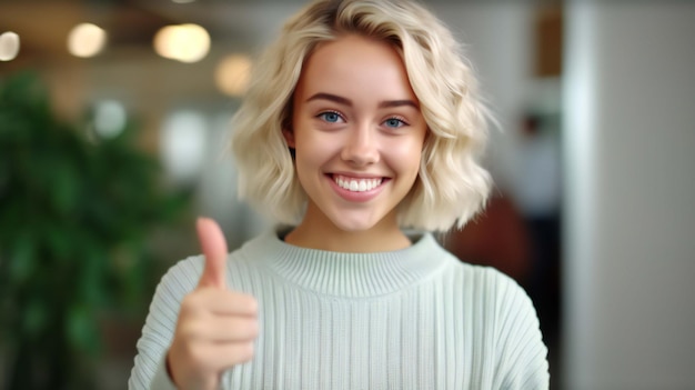 A young woman with short blonde hair smiles and shows a thumbs up.