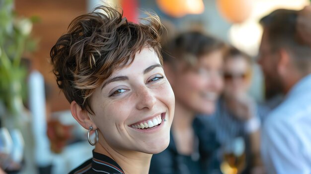 Photo a young woman with short brown hair and a happy expression on her face is looking at the camera