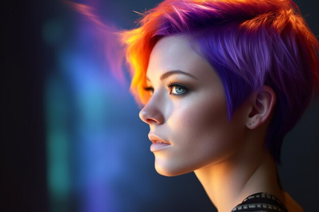 Generative AI를 사용하여 보라색과 주황색의 짧은 색 무지개 머리를 가진 젊은 여성