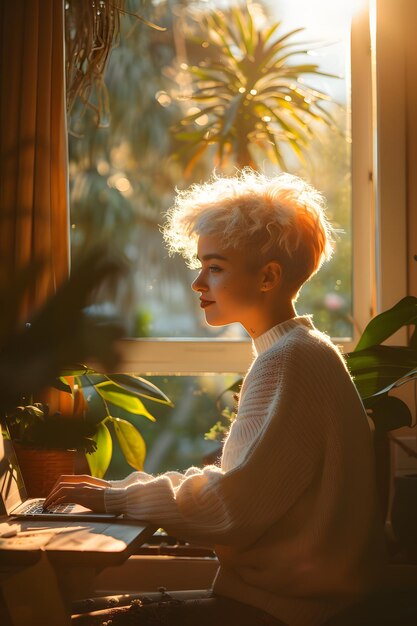 Young woman with short hair using her laptop by her bedroom window Concept lifestyle