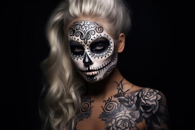 Photo young woman with skeleton makeup wearing floral wreath and touching neck during dia de muertos party
