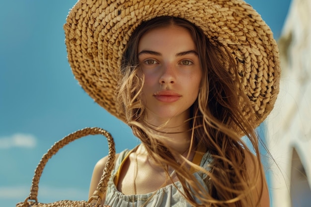 Photo young woman with stylish straw bag outdoors space for text