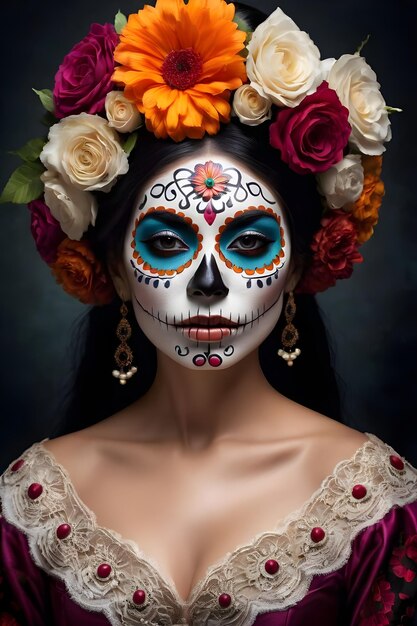 Young woman with sugar skull makeup and flowers in her hair