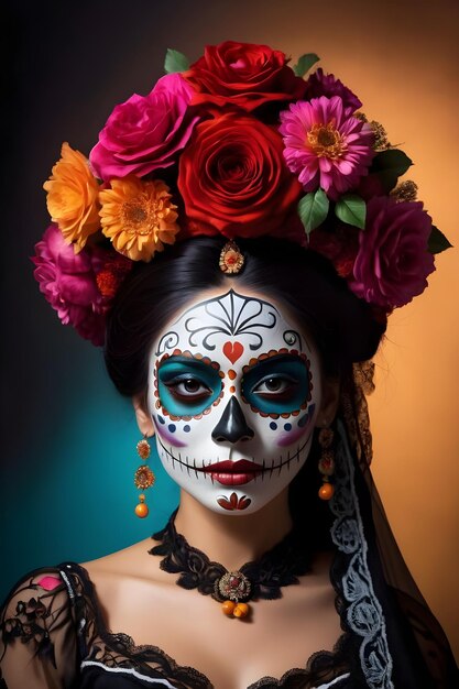 Young woman with sugar skull makeup and flowers in her hair