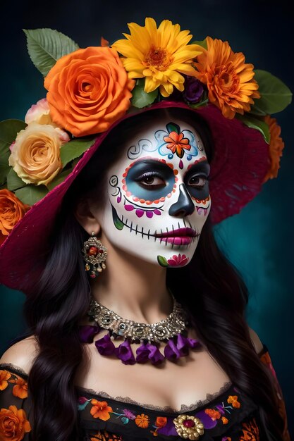 Young woman with sugar skull makeup and flowers in her hair