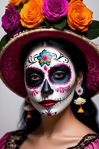 Young woman with sugar skull makeup and flowers in her hair