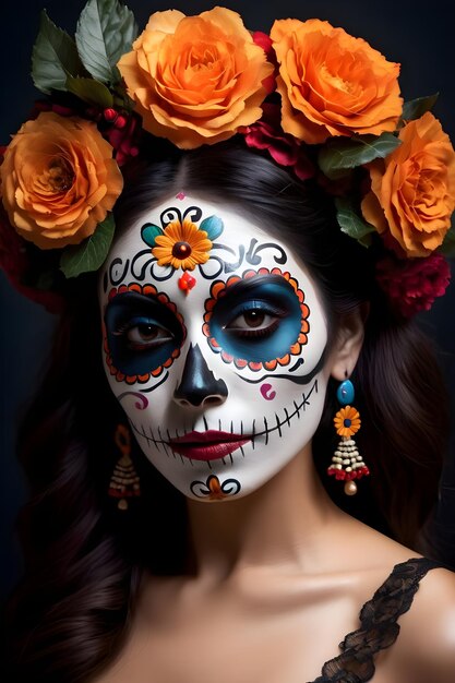 Молодая женщина с макияжем из сахарного черепа и цветами в волосах