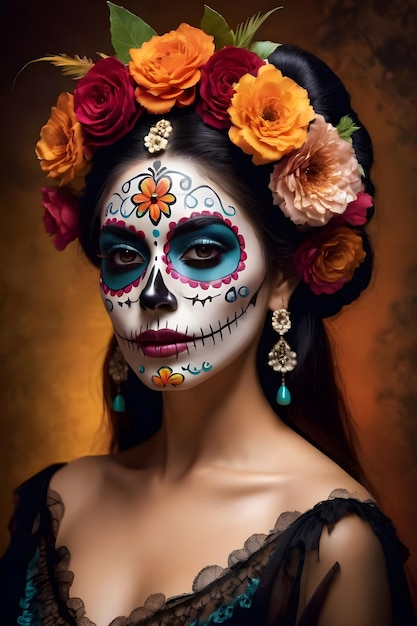 Молодая женщина с макияжем из сахарного черепа и цветами в волосах