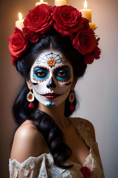 Young woman with sugar skull makeup and flowers in her hair