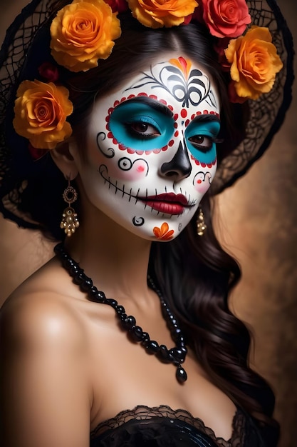 Young woman with sugar skull makeup and flowers in her hair