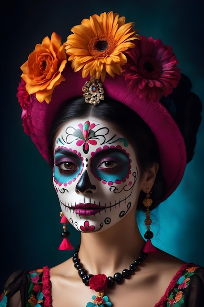 Young woman with sugar skull makeup and flowers in her hair