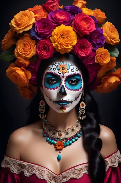 Young woman with sugar skull makeup and flowers in her hair