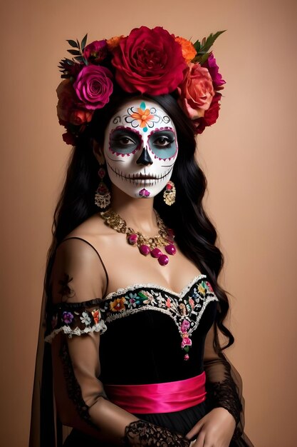 Young woman with sugar skull makeup and flowers in her hair