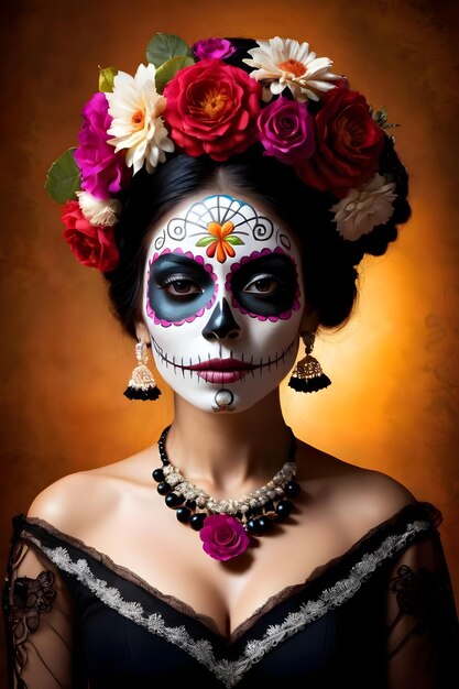 Young woman with sugar skull makeup and flowers in her hair