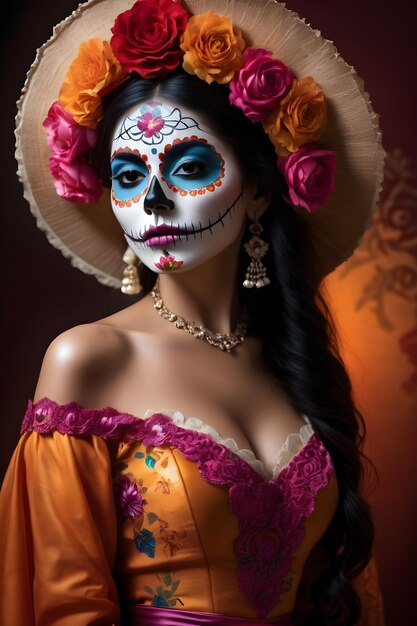 Young woman with sugar skull makeup and flowers in her hair