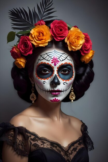 Young woman with sugar skull makeup and flowers in her hair