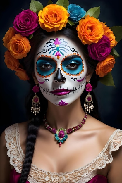 Young woman with sugar skull makeup and flowers in her hair