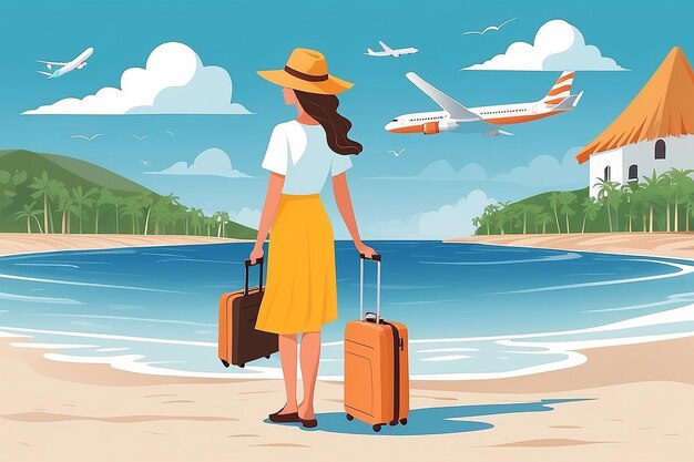 スーツケースを持った若い女性が休暇に行く スーツクエースとパスポートを持った少女と 乗車券のチケット