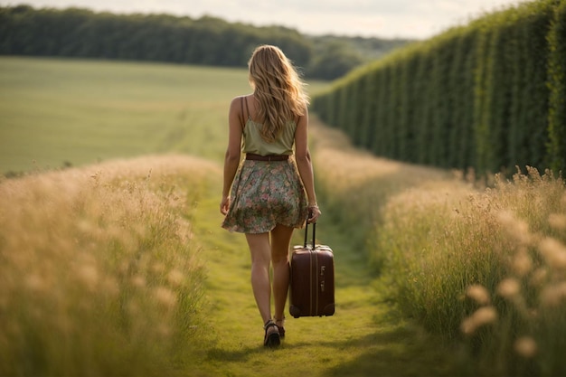 Young woman with suitcase walking in the field at sunset Travel and adventure concept