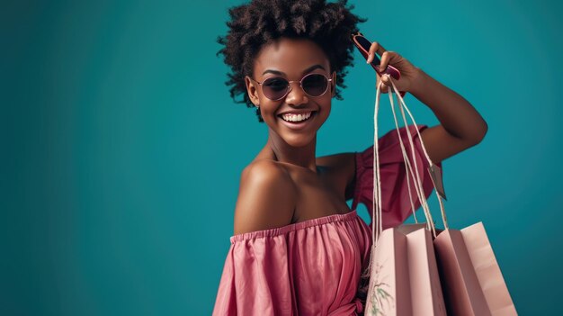 Photo young woman with sunglasses holding several colorful shopping bags