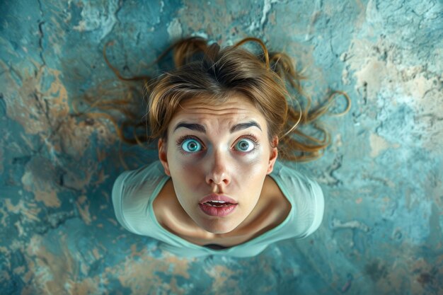 Young Woman with Surprised Expression Floating in Clear Blue Water Top View Portrait of Female