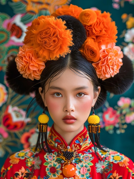 Young Woman with Traditional Chinese Hairstyle and Makeup Against Floral Background