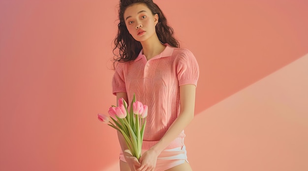 Young Woman with Tulips on Pastel Background Casual Style Modern Femininity Conceptual Minimalist Fashion Photo in Studio Setting AI