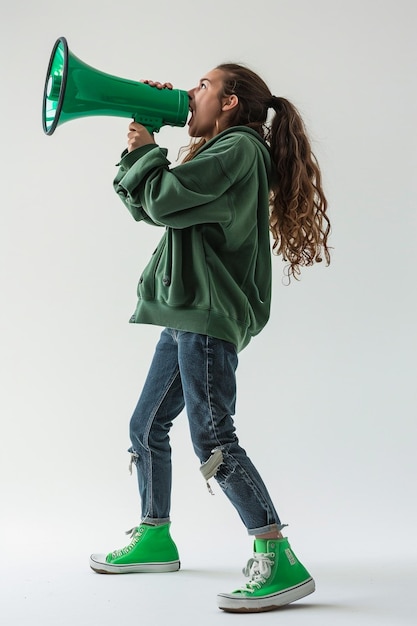 Young woman with turtleneck sweater shouting through a megaphone