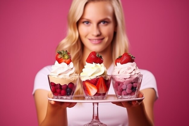 Foto giovane donna con vari dessert alla fragola su sfondo rosa crema fritta gelato bacche fresche