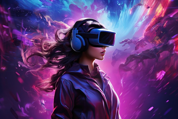 Young woman with virtual reality headset on neon lights background