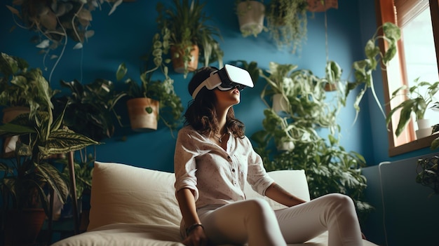 Foto giovane donna con occhiali vr concetto di vita di realtà virtuale