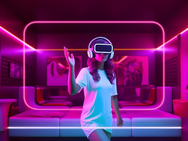 Young woman with a VR headset and experiencing virtual reality AI generated