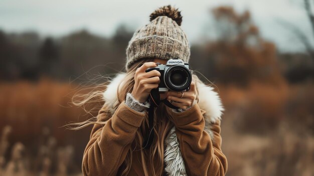 Фото Молодая женщина в теплой одежде и шляпе с шапкой делает фотографии с винтажной кинокамерой на поле с деревьями на заднем плане