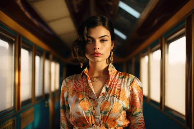 Foto giovane donna con i capelli ondulati in una camicia a disegni vibranti all'interno di un vagone ferroviario vintage con finestre illuminate dal sole