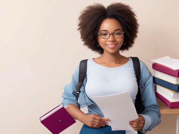 A young woman with wearing sweater and holding books