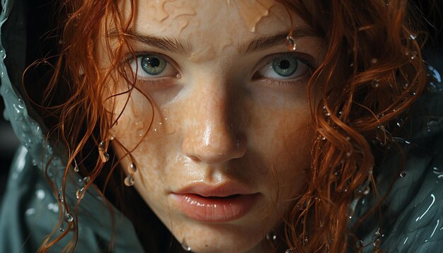 Foto giovane donna con i capelli bagnati che guarda la telecamera sotto la pioggia generata dall'ai