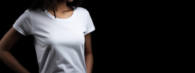 흰색 빈 티셔츠 셔츠 모형 템플릿을 가진 젊은 여성 텍스트 로고 그래픽 인쇄를 위한 공간 복사 티셔츠 모의 전면 뷰 닫기 Generative AI