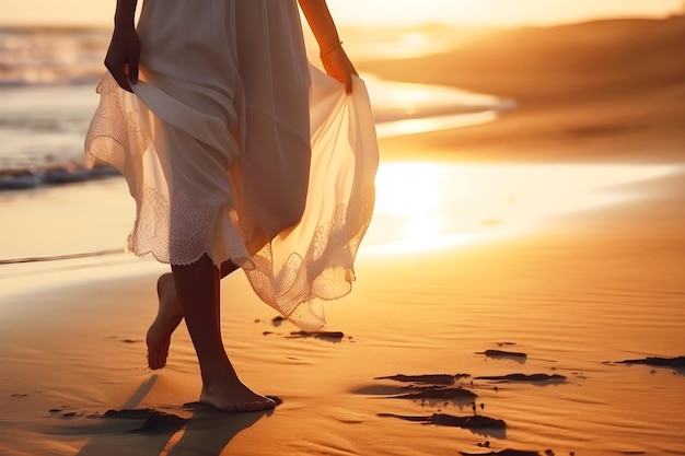 Молодая женщина в белом платье гуляет по пляжу ai генеративная иллюстрация