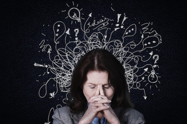 Young woman with worried stressed face expression with illustration