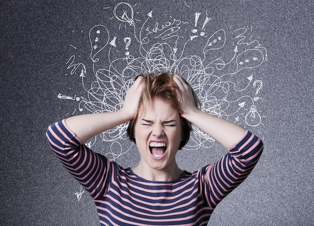 young woman with worried stressed face expression with illustration