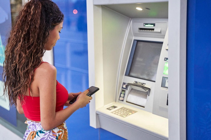 Photo young woman withdrawing cash at an atm using her smart phone