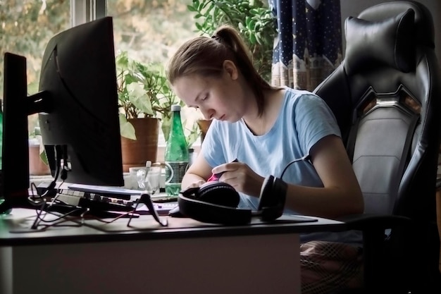 若い女性はコンピューターで作業し,ノートブックで書き,オンラインコースや自宅でのトレーニングを受ける