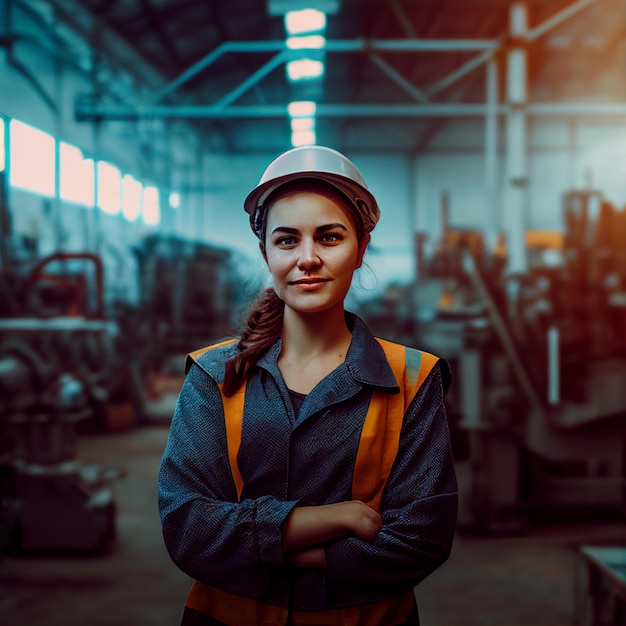 Photo young woman worker at industrial factory wearing a hardhat and uniform female engineer in safety helmet standing inside production plant building