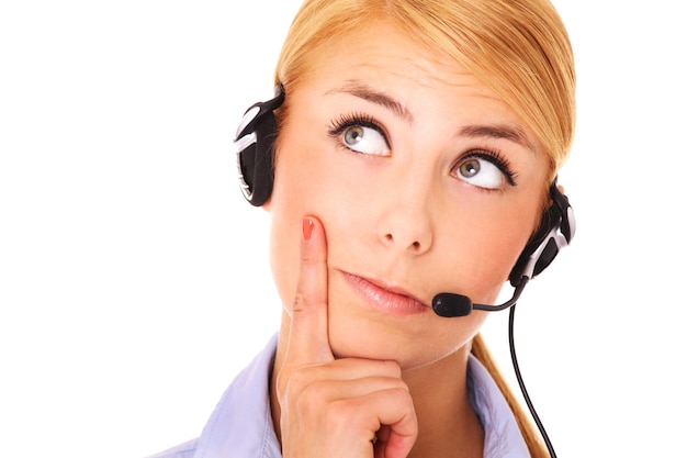 a young woman working in a call center over white background